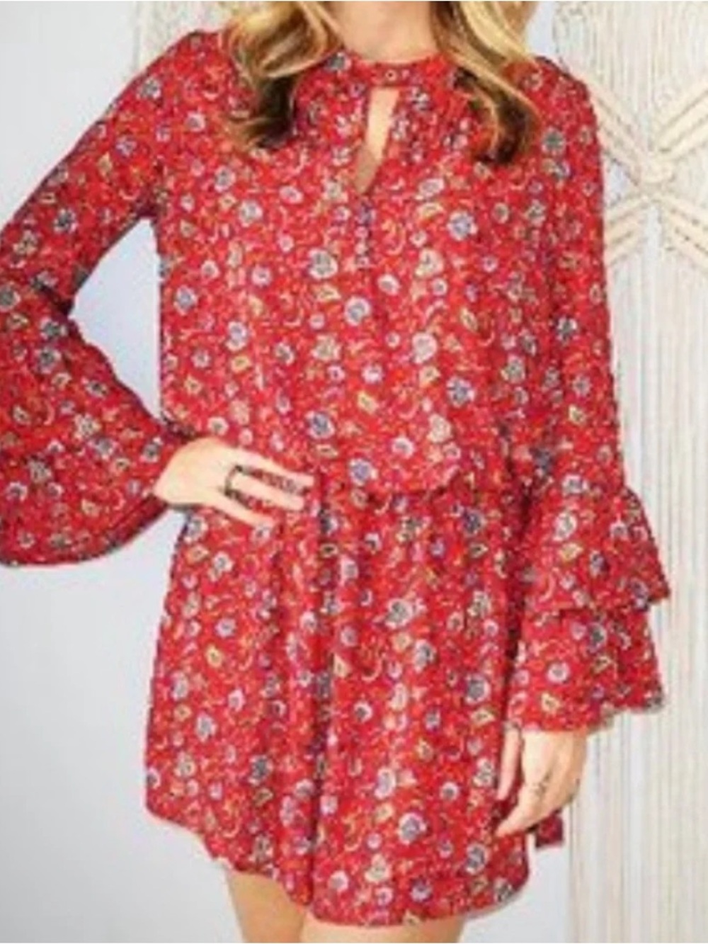 Harlowe & Graham Size Small Red Paisley Print Mini Dress Bell Sleeve | Size XS